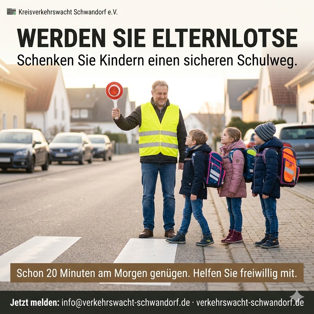 Plakat: Werden Sie Elternlotse. Ein Lotse in Warnweste mit Signalkelle hält den Verkehr an, während Grundschulkinder sicher über den Zebrastreifen gehen.